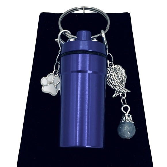 Pet Cremation Urn Blue Stainless Steel Memorial Keepsake Cylinder Keychain - Picture 1 of 3